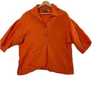 Vtg Linen Top Womens M Orange Preppy Quiet Luxury Fall Sustainable Boxy Crop